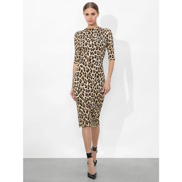 Alice + Olivia Delora Fitted Leopard Mock Neck Midi Dress Brown 0 - Picture 1 of 6